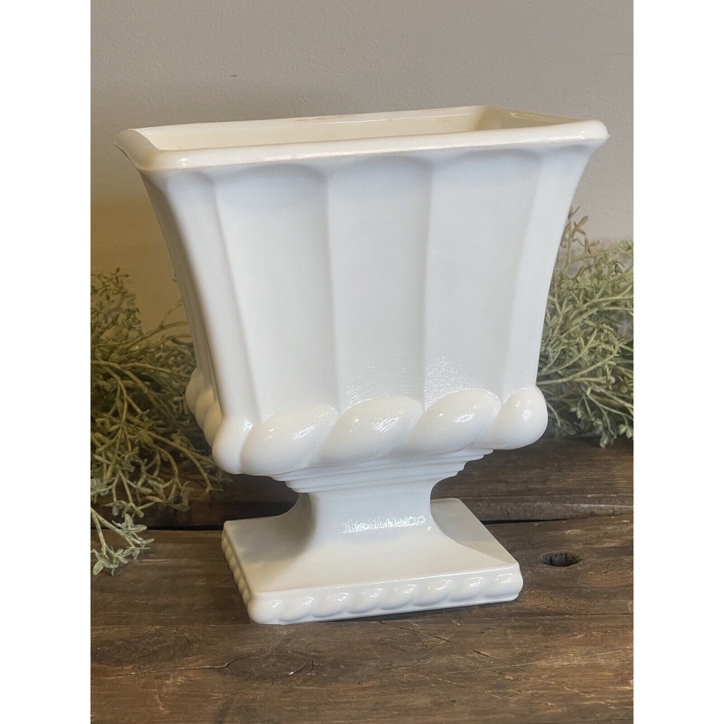 Vintage White Square Pottery Urn | White Farmhouse Milk Glass | Pedestal Bowl