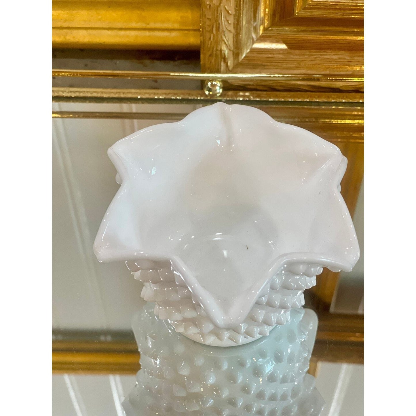 Fenton Hobnail Milk Glass Vase |Ruffled | Crimped Edges | Vintage Milk Glass