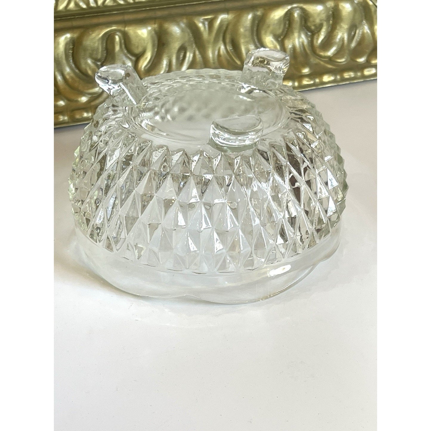 Vintage Indiana Glass Diamond Point Clear Crystal Footed Scalloped Edge Bowl EUC