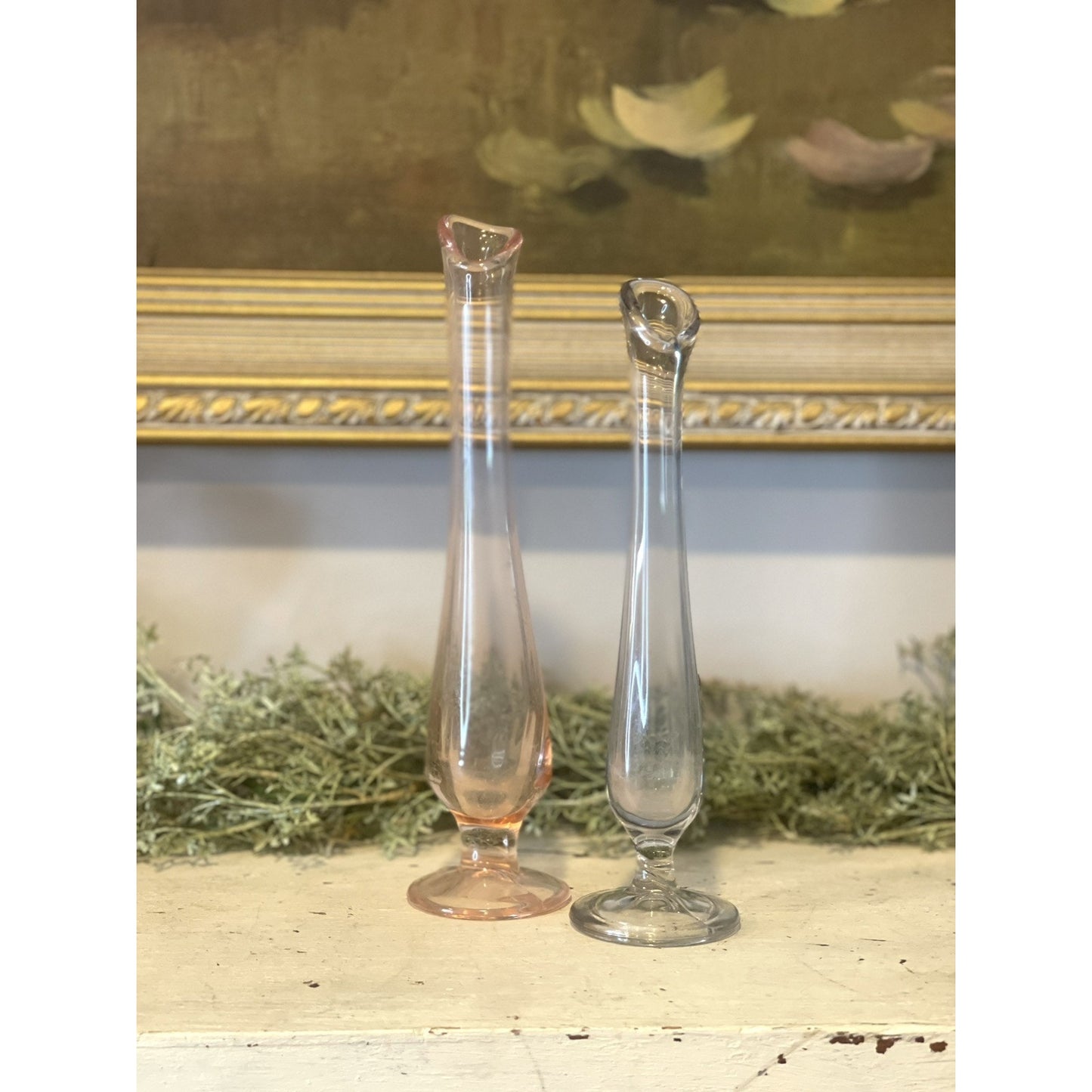 Vintage Set of Swung Stretch Glass Footed Bud Vases | Pink and Blue Glass | Rare