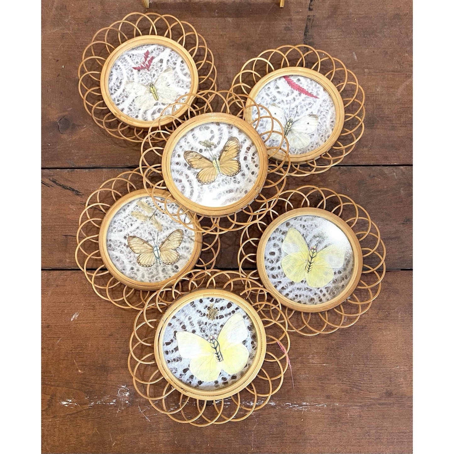 Vintage Butterfly Rattan Coasters Set Of 6 With Caddy | Wicker Rattan Holder