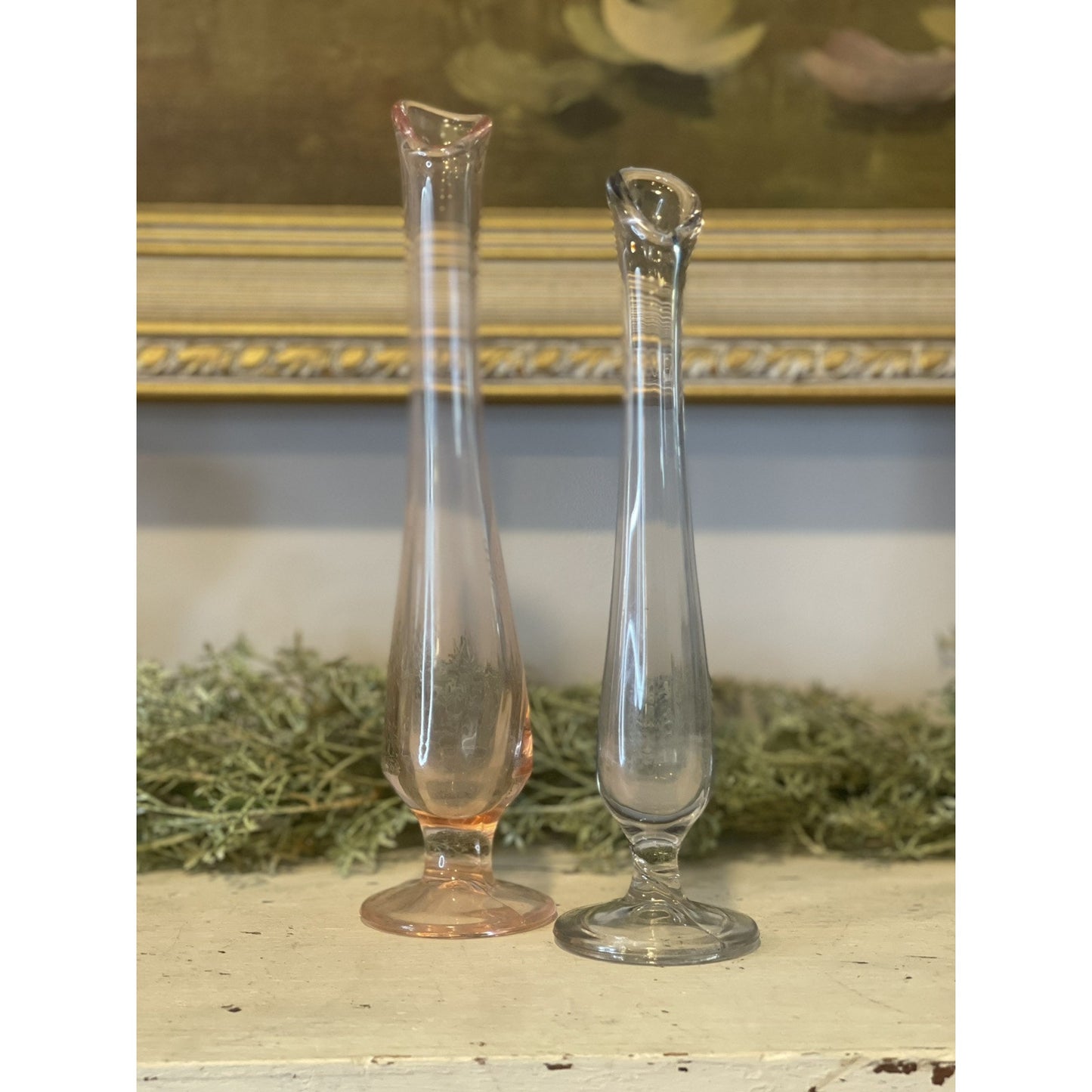 Vintage Set of Swung Stretch Glass Footed Bud Vases | Pink and Blue Glass | Rare