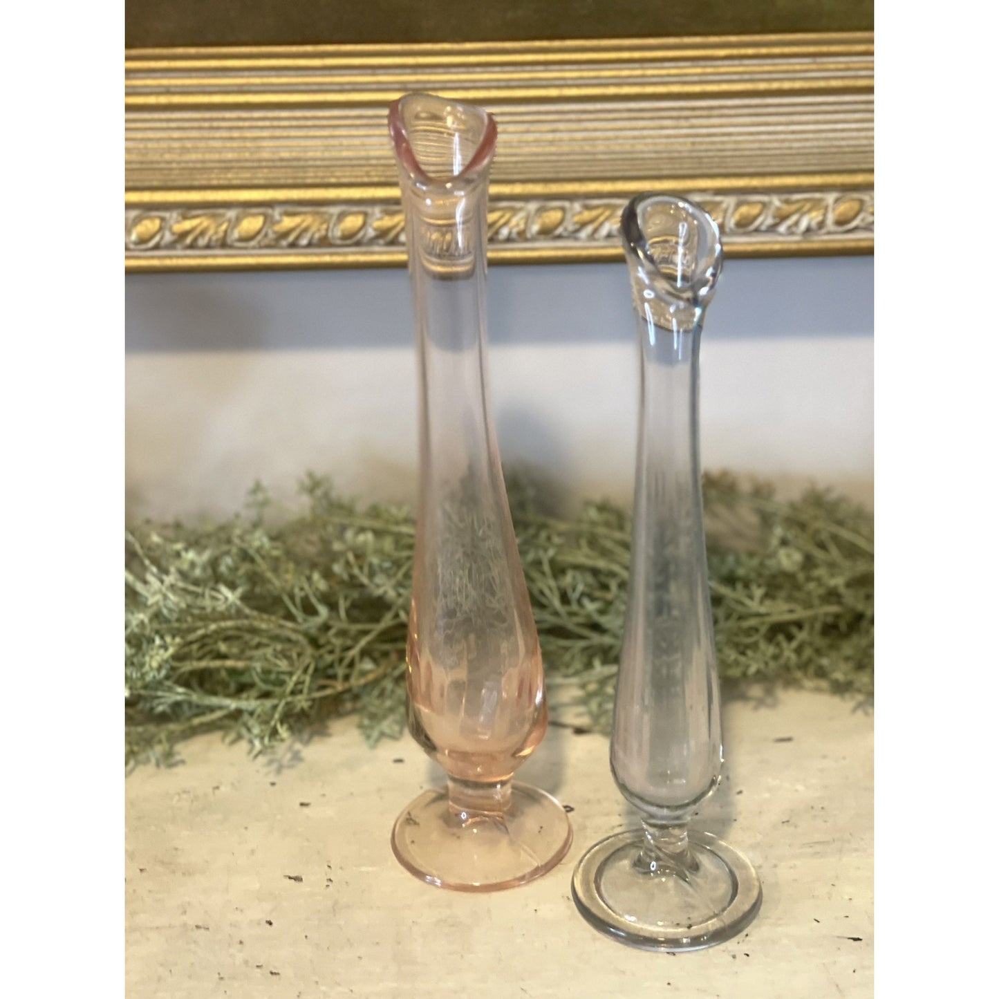 Vintage Set of Swung Stretch Glass Footed Bud Vases | Pink and Blue Glass | Rare
