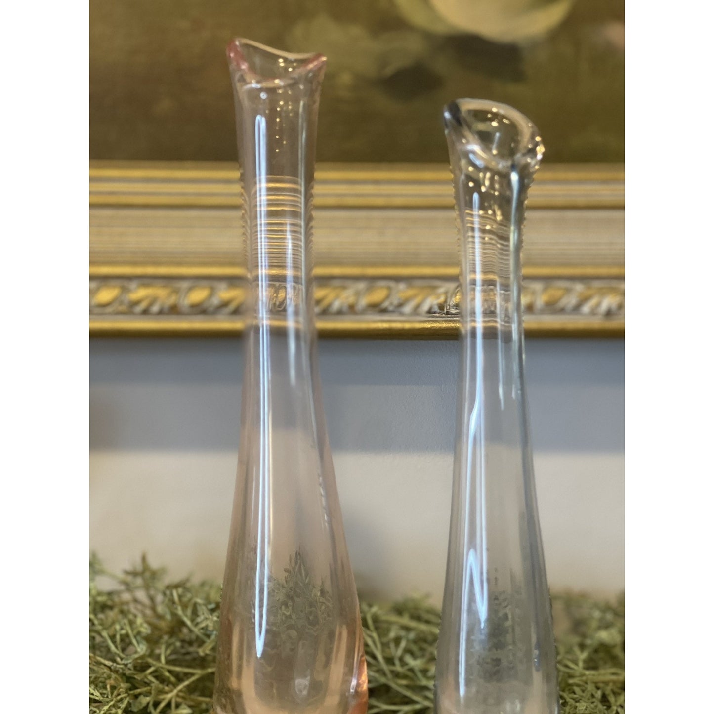 Vintage Set of Swung Stretch Glass Footed Bud Vases | Pink and Blue Glass | Rare