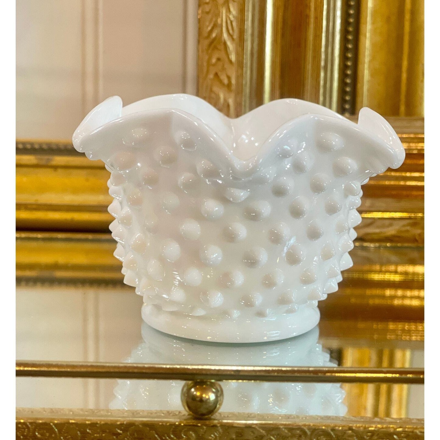 Fenton Hobnail Milk Glass Vase |Ruffled | Crimped Edges | Vintage Milk Glass