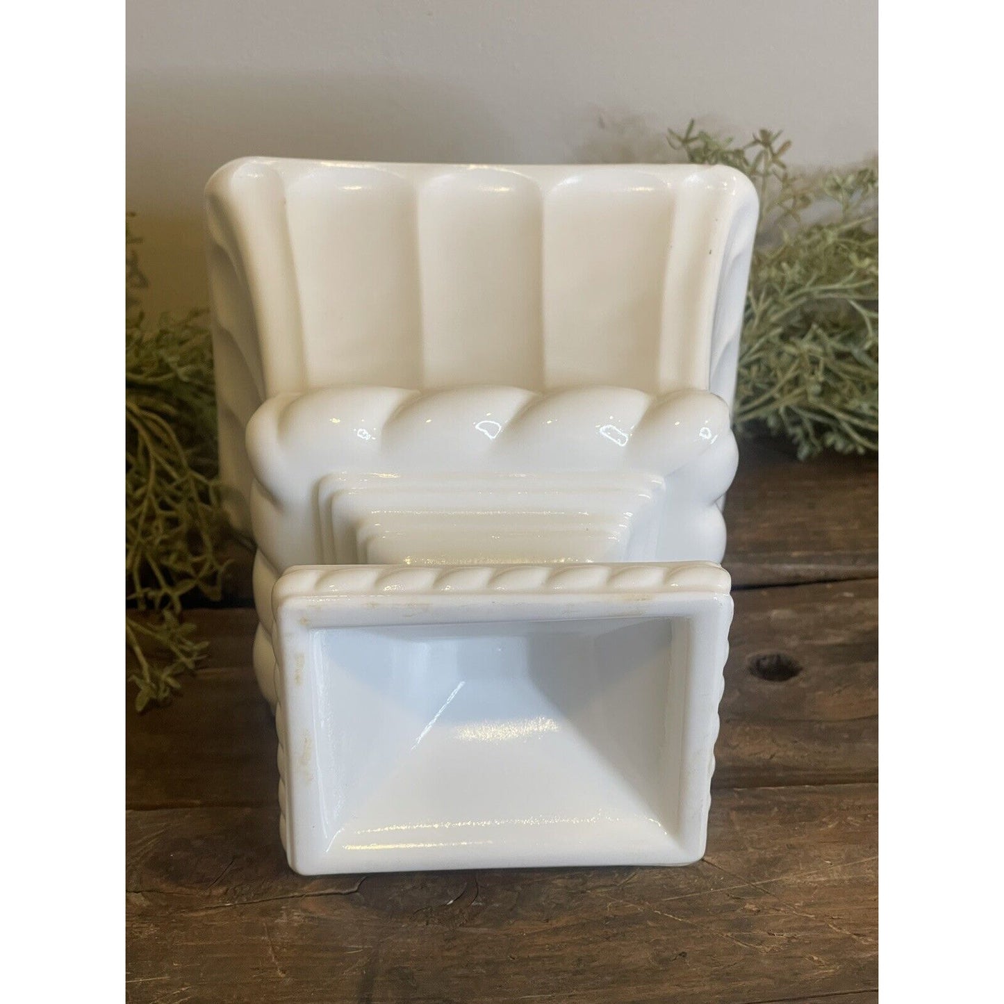 Vintage White Square Pottery Urn | White Farmhouse Milk Glass | Pedestal Bowl