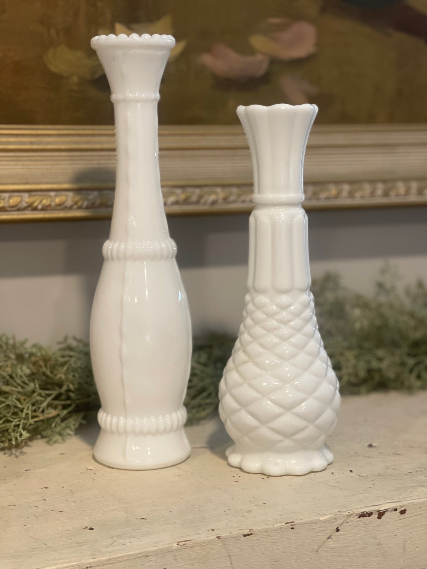 White Milk Glass Single Stem Flower Vases | Vintage Pineapple | Stem Vases