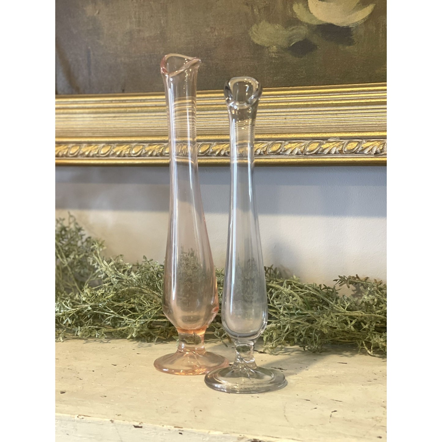Vintage Set of Swung Stretch Glass Footed Bud Vases | Pink and Blue Glass | Rare