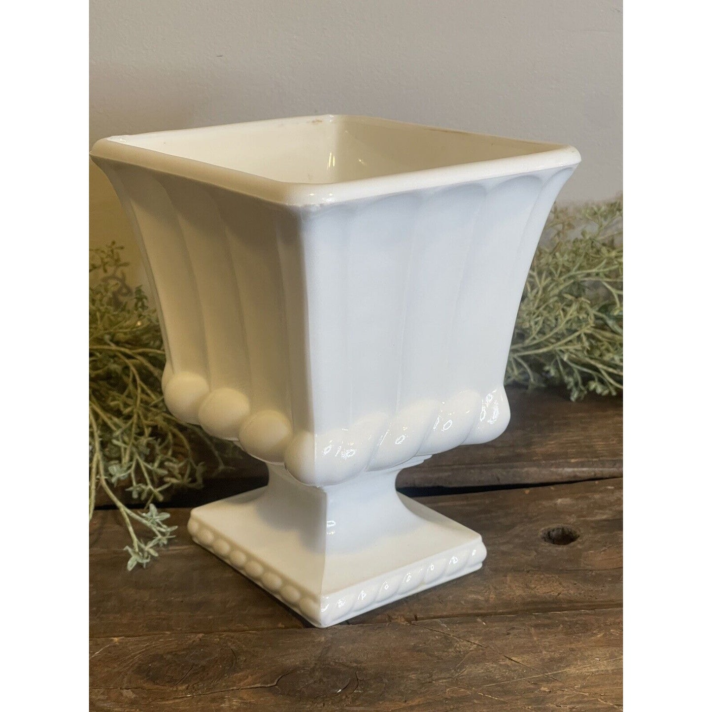 Vintage White Square Pottery Urn | White Farmhouse Milk Glass | Pedestal Bowl