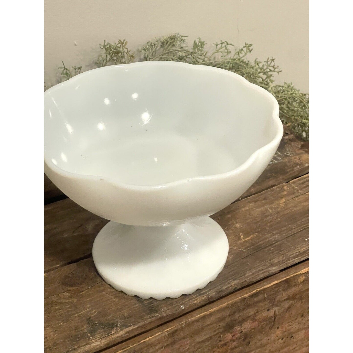 Vintage Hazel Atlas Milk Glass Pedestal Bowl Ruffeled Edge Orange Peel Scalloped