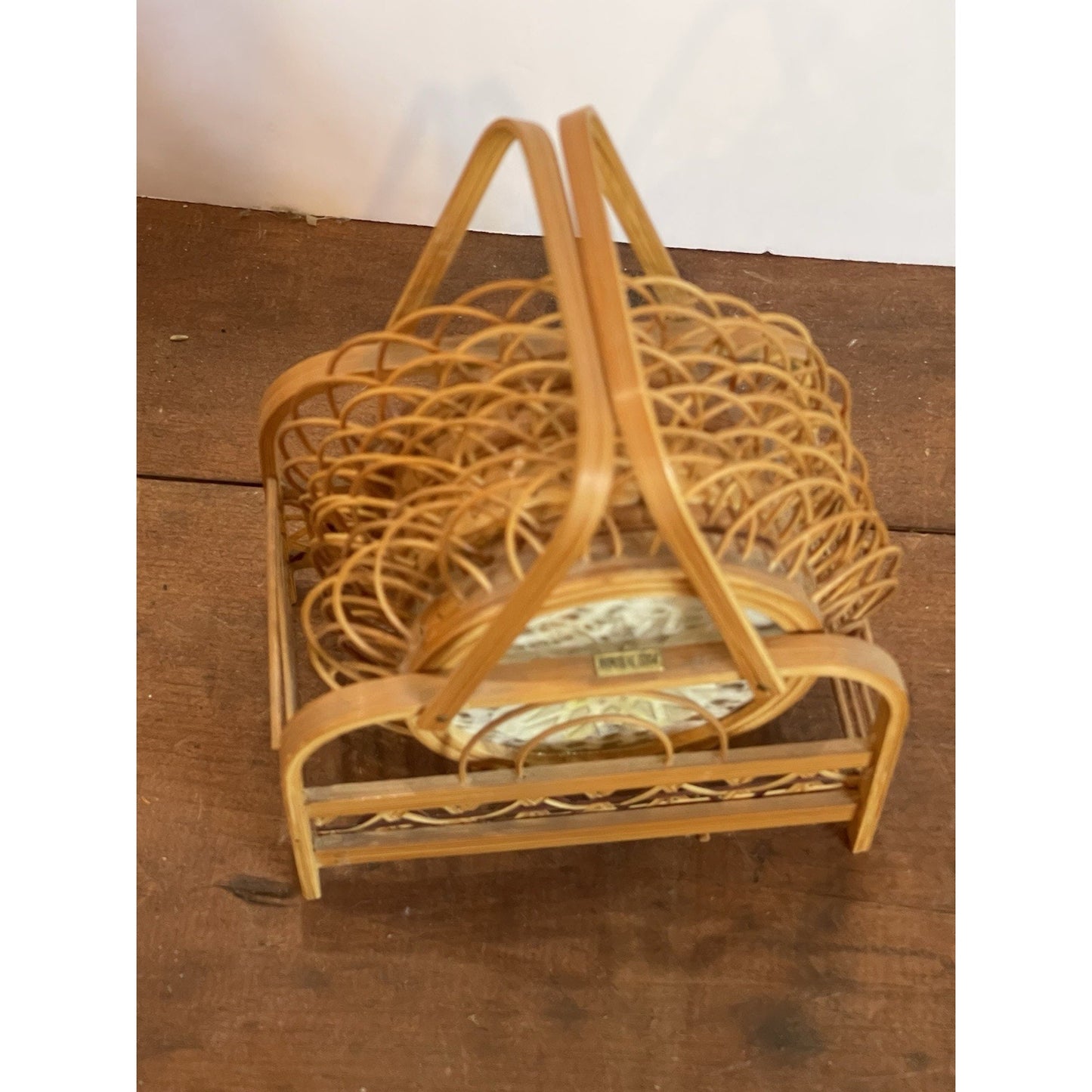 Vintage Butterfly Rattan Coasters Set Of 6 With Caddy | Wicker Rattan Holder