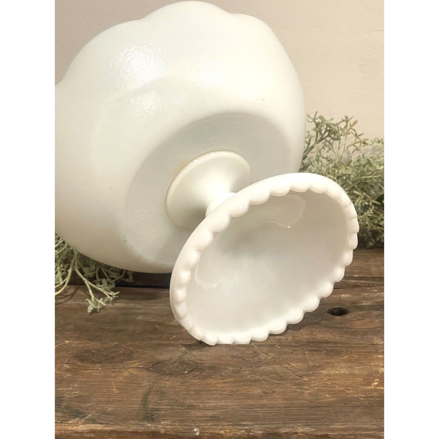 Vintage Hazel Atlas Milk Glass Pedestal Bowl Ruffeled Edge Orange Peel Scalloped