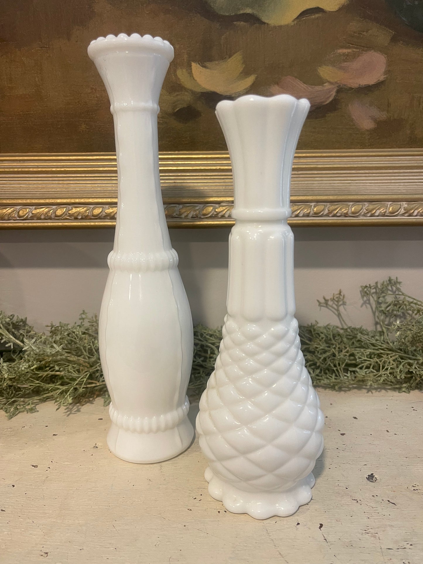 White Milk Glass Single Stem Flower Vases | Vintage Pineapple | Stem Vases