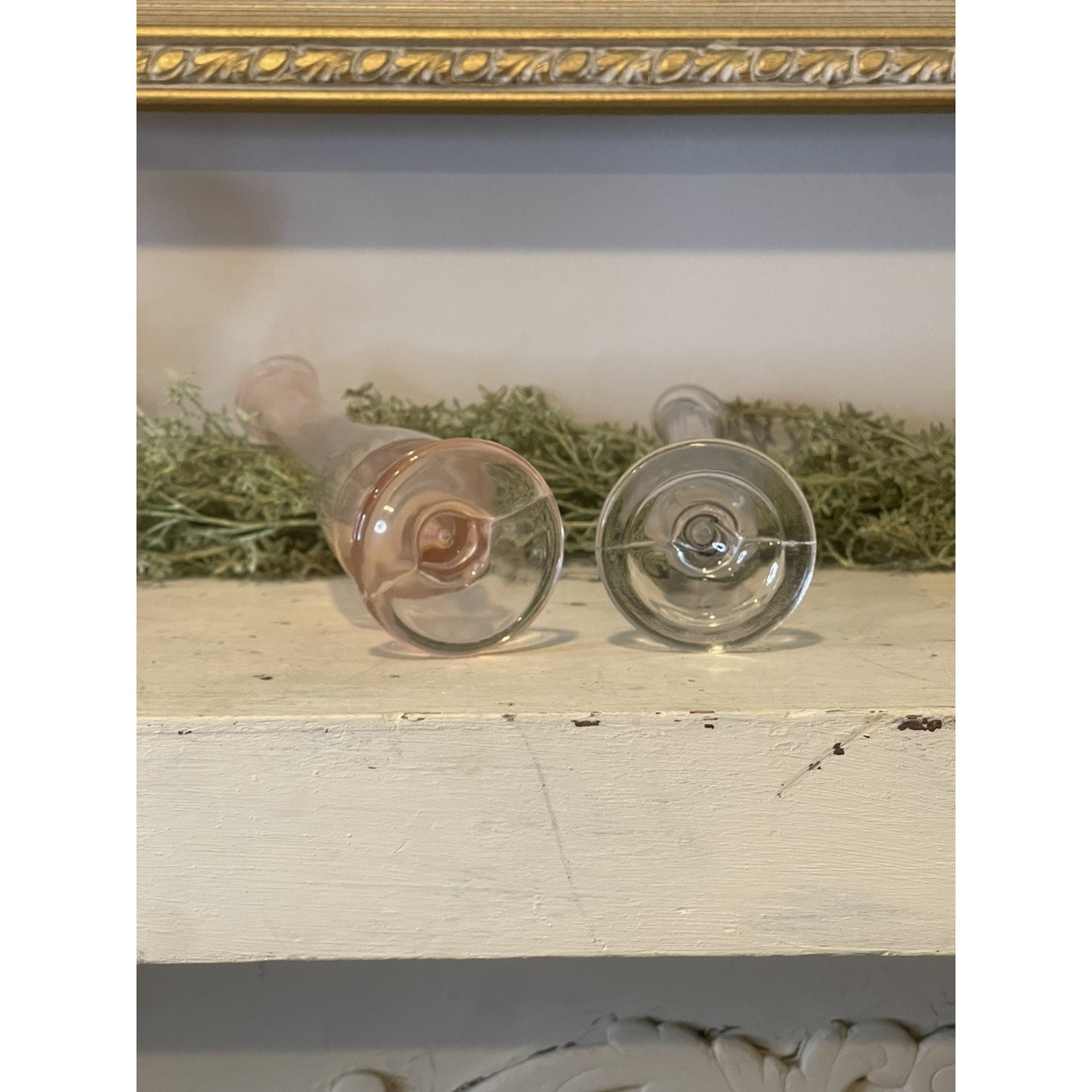 Vintage Set of Swung Stretch Glass Footed Bud Vases | Pink and Blue Glass | Rare