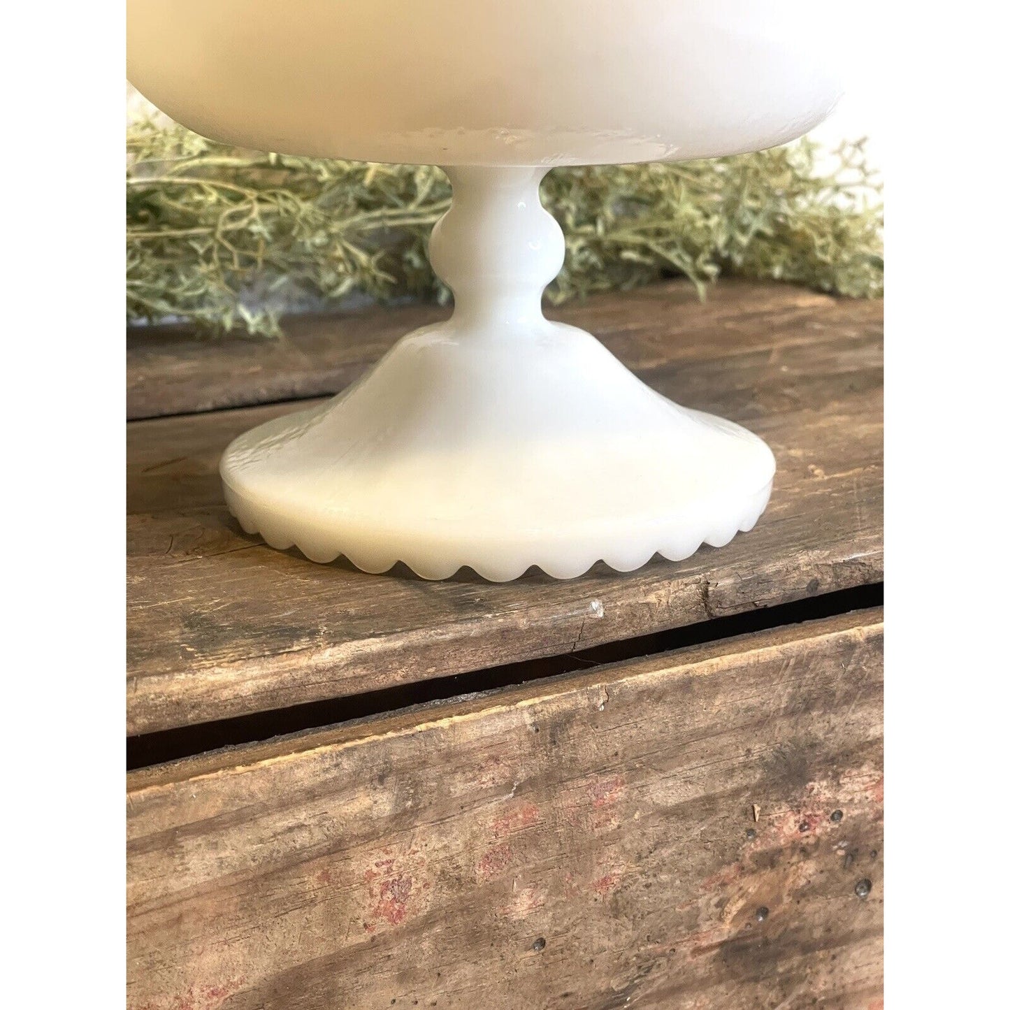 Vintage Hazel Atlas Milk Glass Pedestal Bowl Ruffeled Edge Orange Peel Scalloped