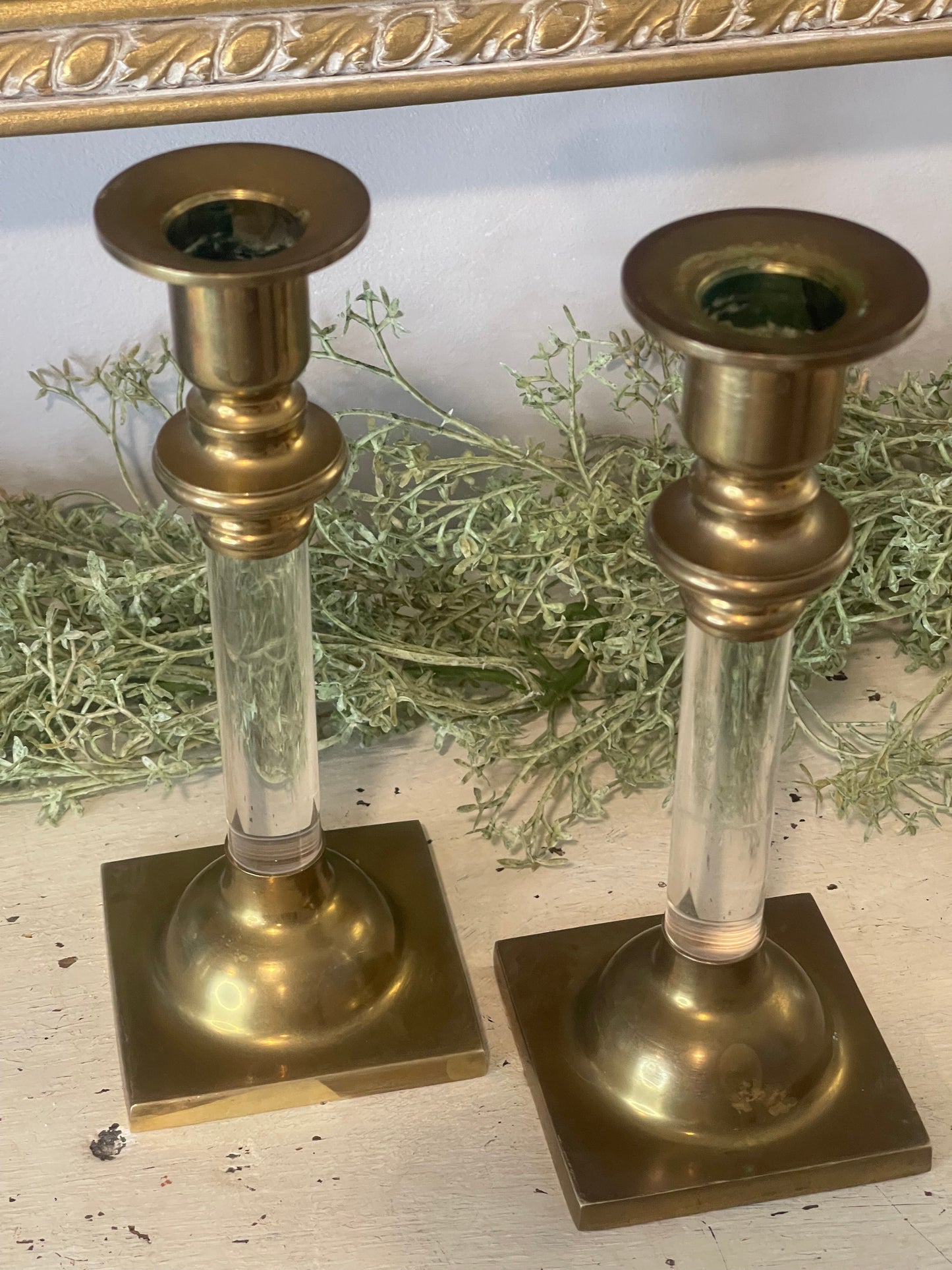 Brass & Lucite Candlestick Holders | Set of Two