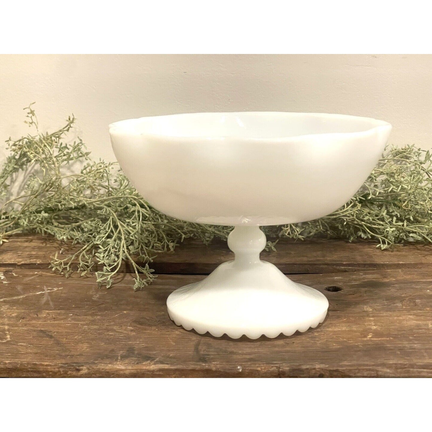Vintage Hazel Atlas Milk Glass Pedestal Bowl Ruffeled Edge Orange Peel Scalloped