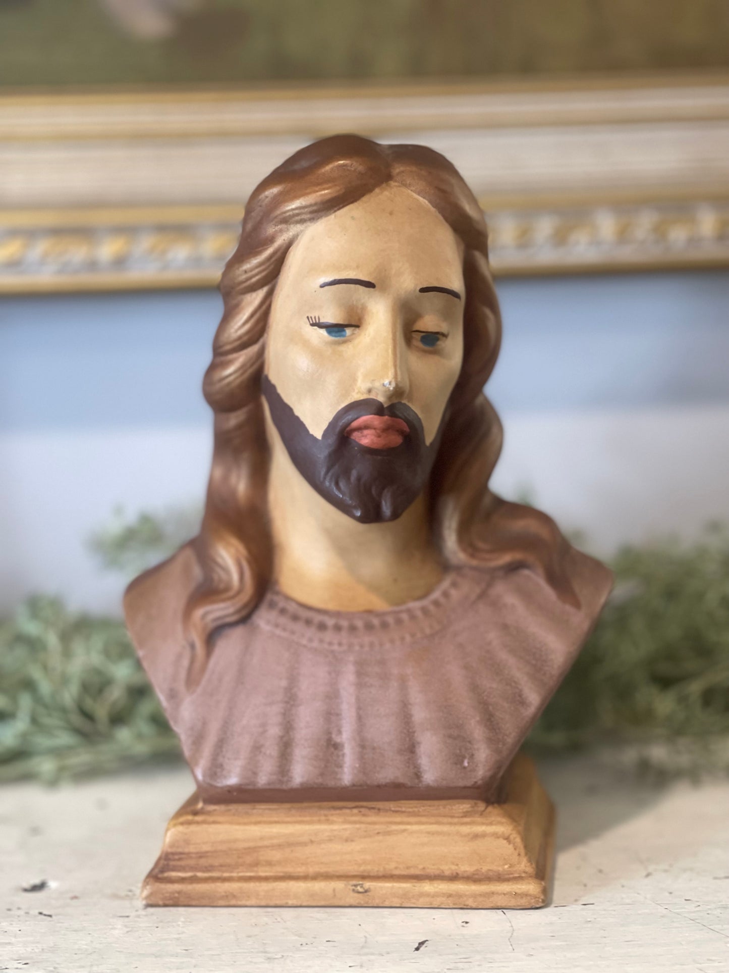 Vintage Jesus Head Bust Ceramic Statue Holland Mold Hand Painted | Religious Figurine