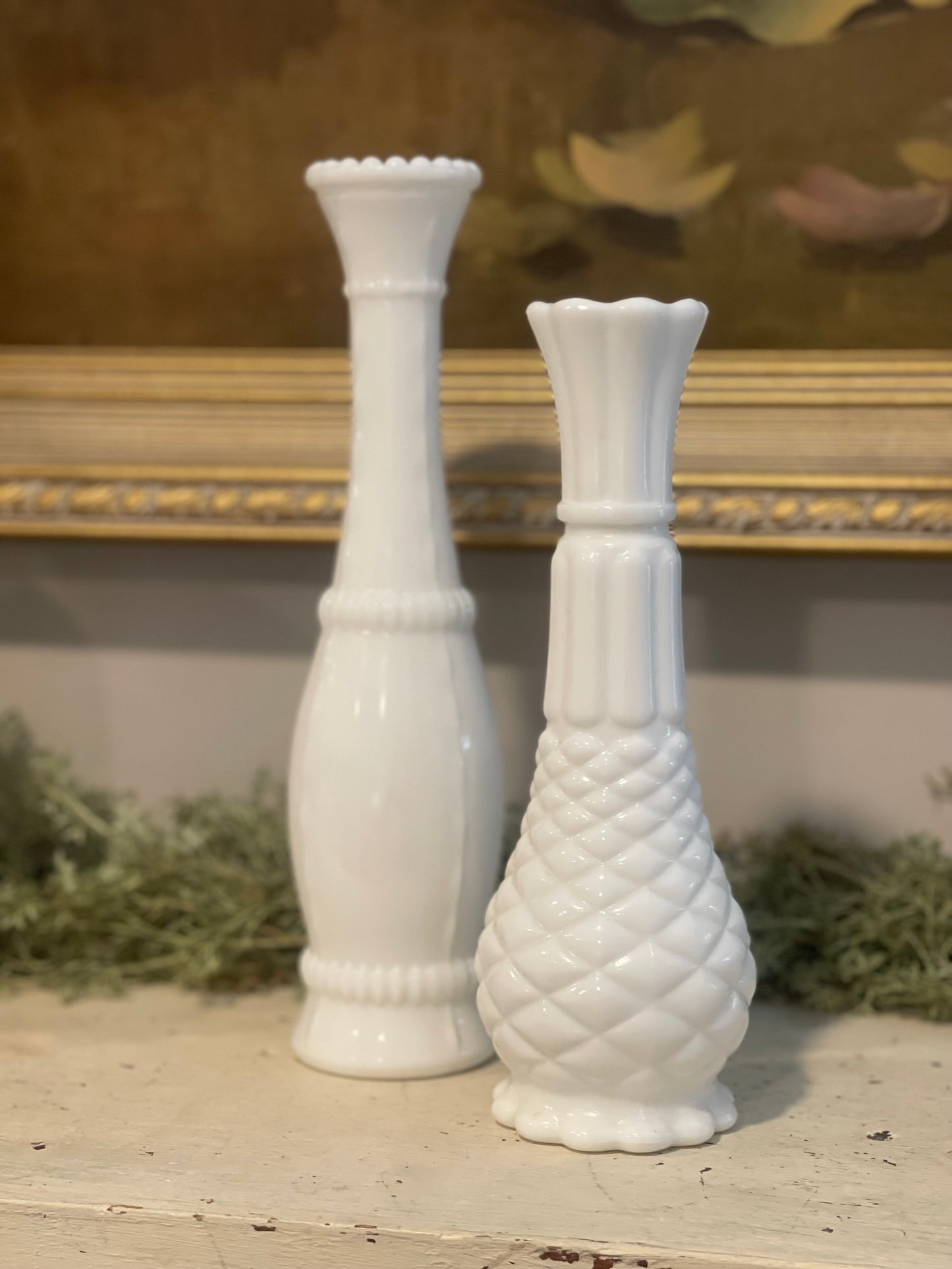 White Milk Glass Single Stem Flower Vases | Vintage Pineapple | Stem Vases