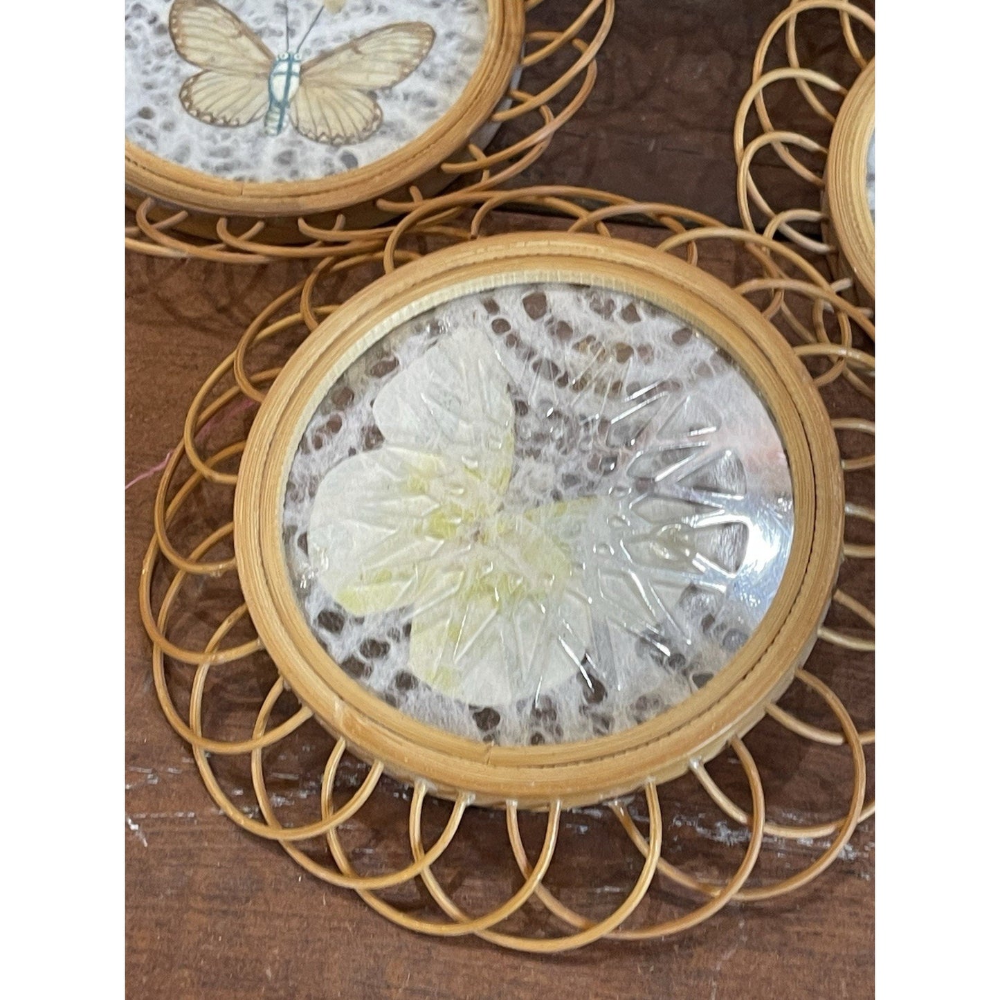Vintage Butterfly Rattan Coasters Set Of 6 With Caddy | Wicker Rattan Holder