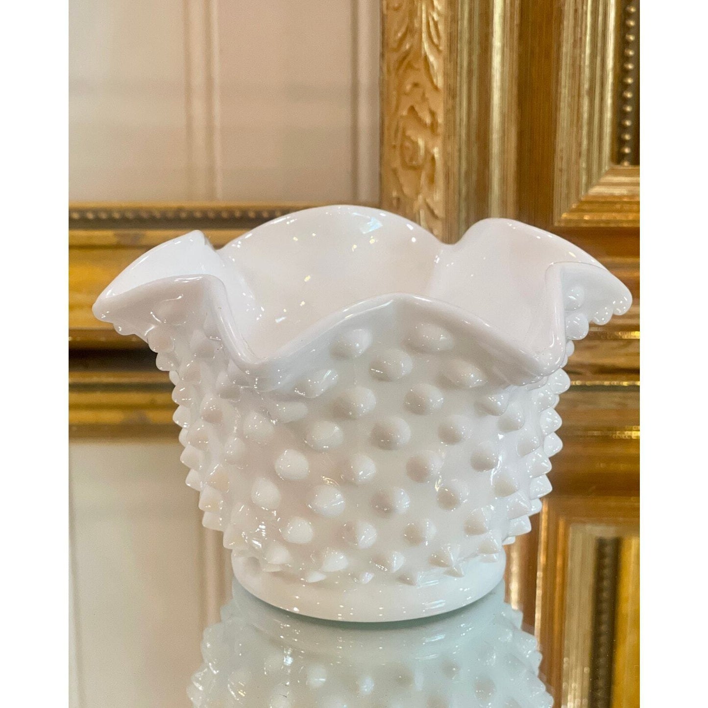 Fenton Hobnail Milk Glass Vase |Ruffled | Crimped Edges | Vintage Milk Glass