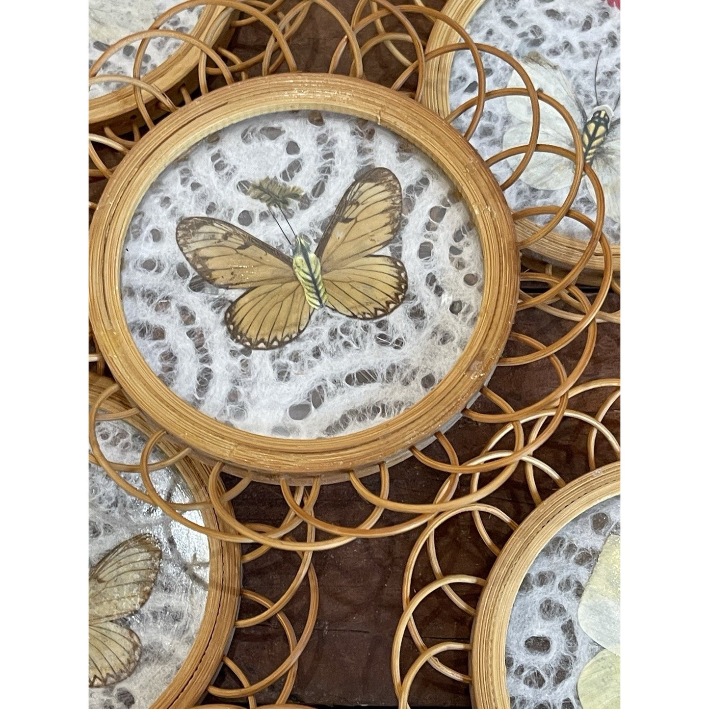 Vintage Butterfly Rattan Coasters Set Of 6 With Caddy | Wicker Rattan Holder