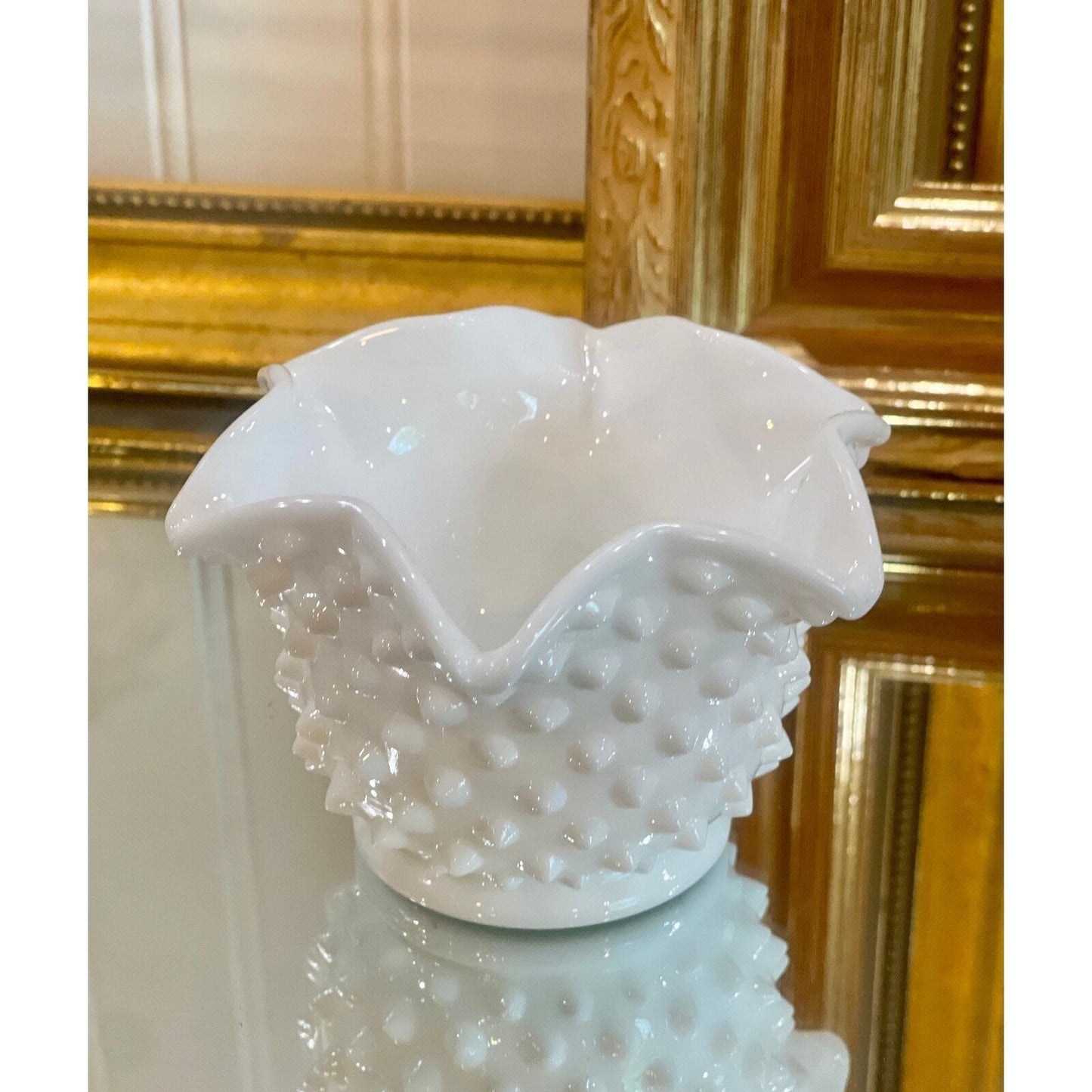 Fenton Hobnail Milk Glass Vase |Ruffled | Crimped Edges | Vintage Milk Glass