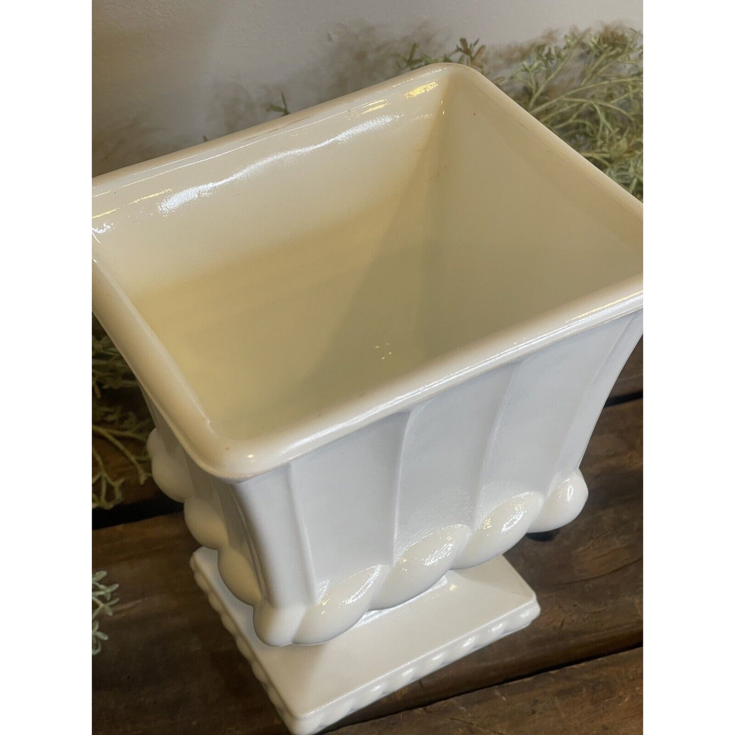 Vintage White Square Pottery Urn | White Farmhouse Milk Glass | Pedestal Bowl