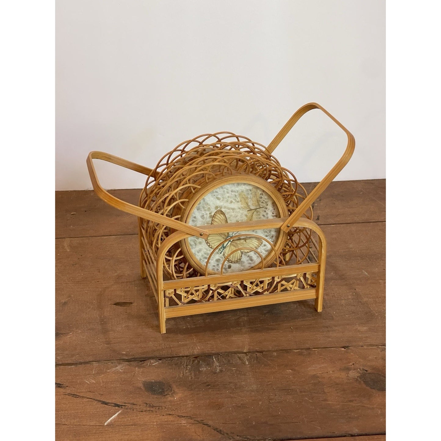Vintage Butterfly Rattan Coasters Set Of 6 With Caddy | Wicker Rattan Holder