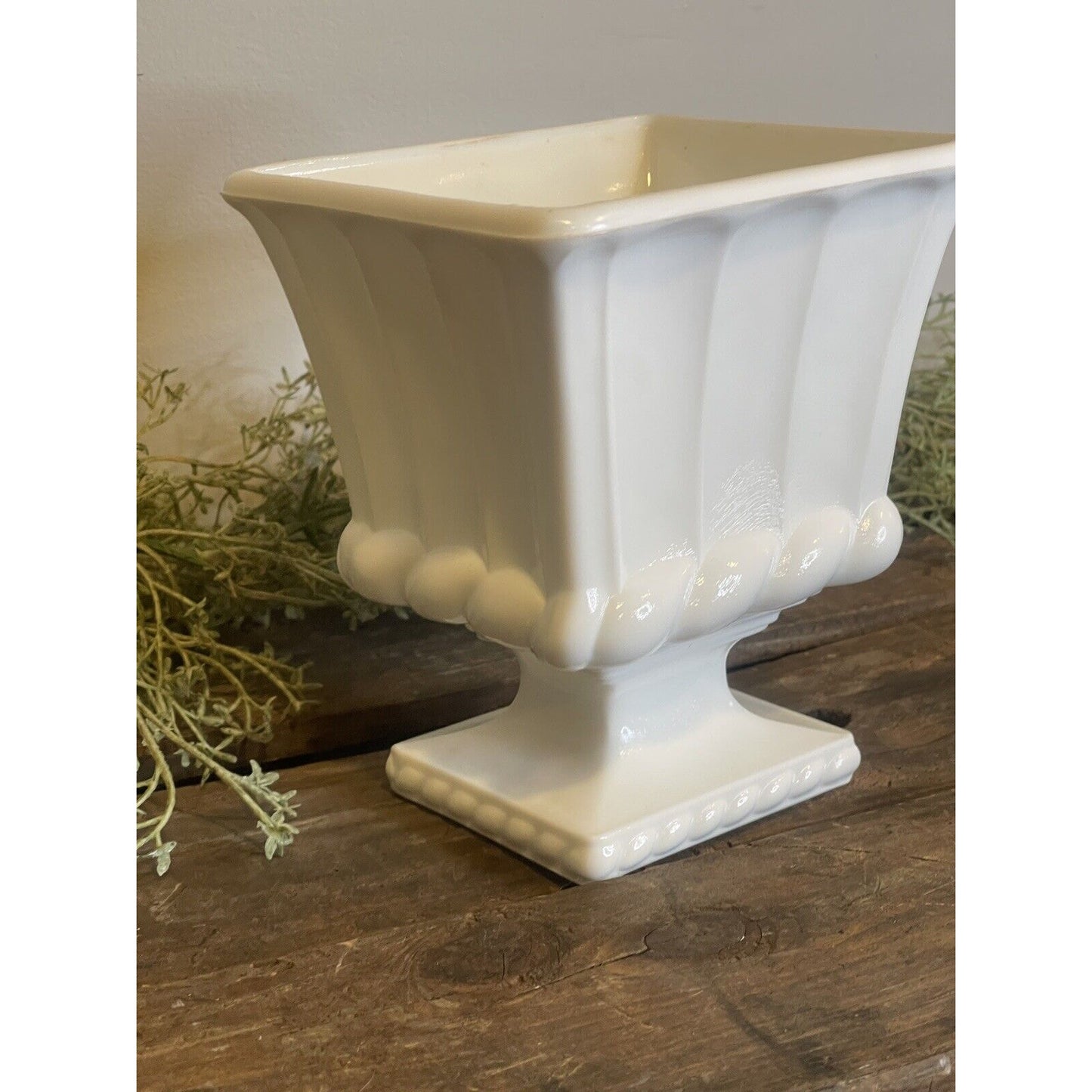 Vintage White Square Pottery Urn | White Farmhouse Milk Glass | Pedestal Bowl