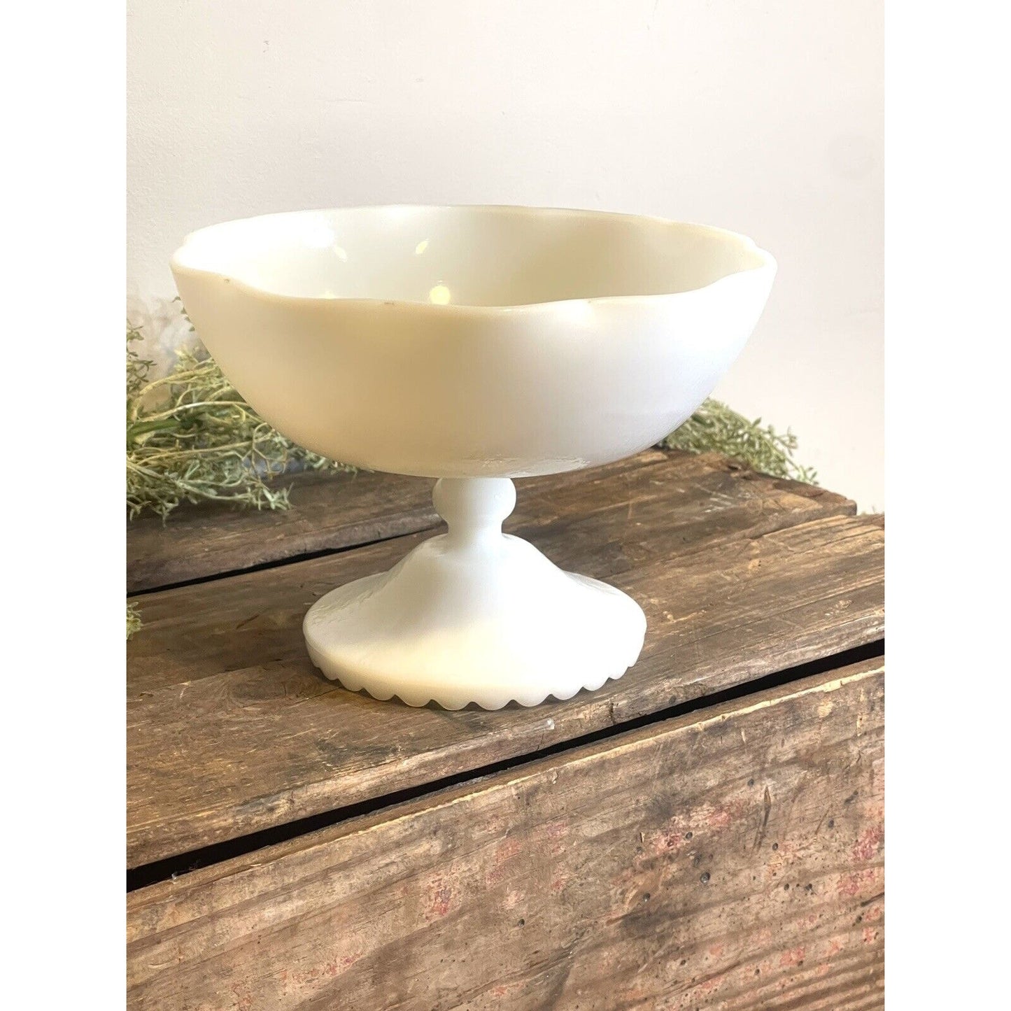 Vintage Hazel Atlas Milk Glass Pedestal Bowl Ruffeled Edge Orange Peel Scalloped