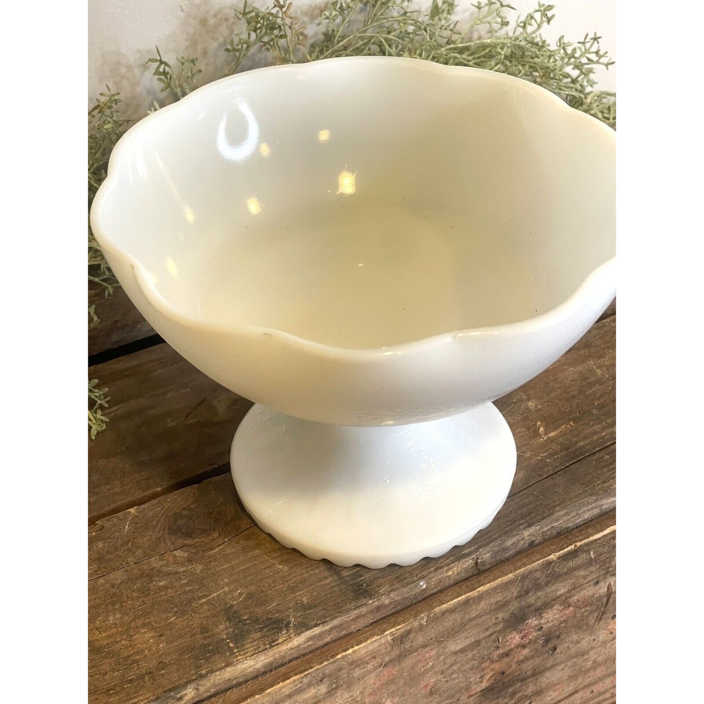 Vintage Hazel Atlas Milk Glass Pedestal Bowl Ruffeled Edge Orange Peel Scalloped