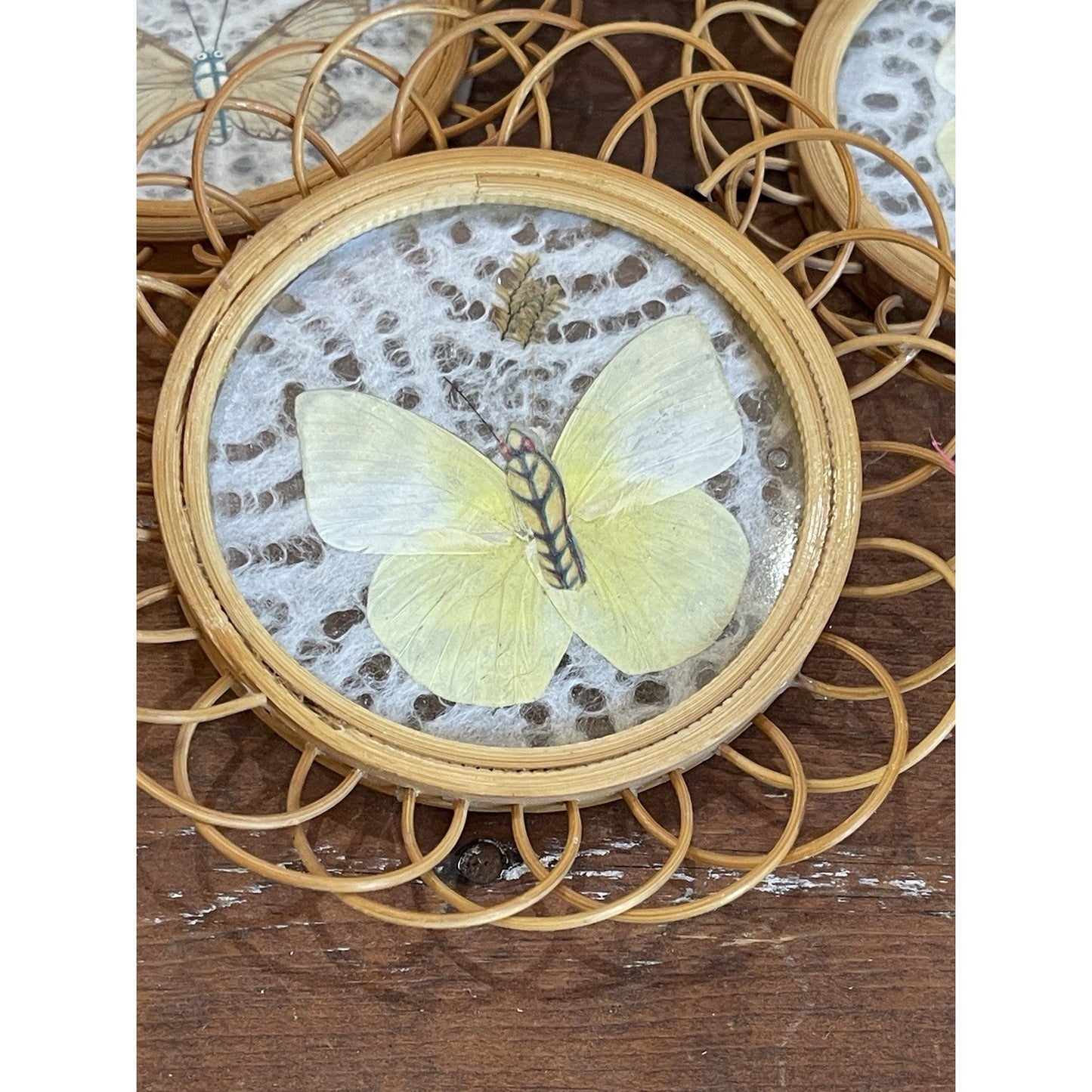 Vintage Butterfly Rattan Coasters Set Of 6 With Caddy | Wicker Rattan Holder