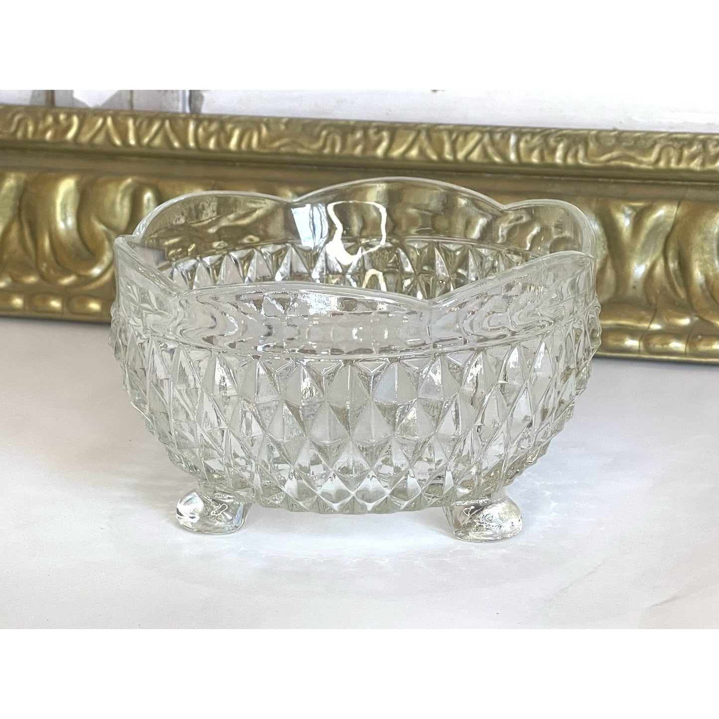 Vintage Indiana Glass Diamond Point Clear Crystal Footed Scalloped Edge Bowl EUC