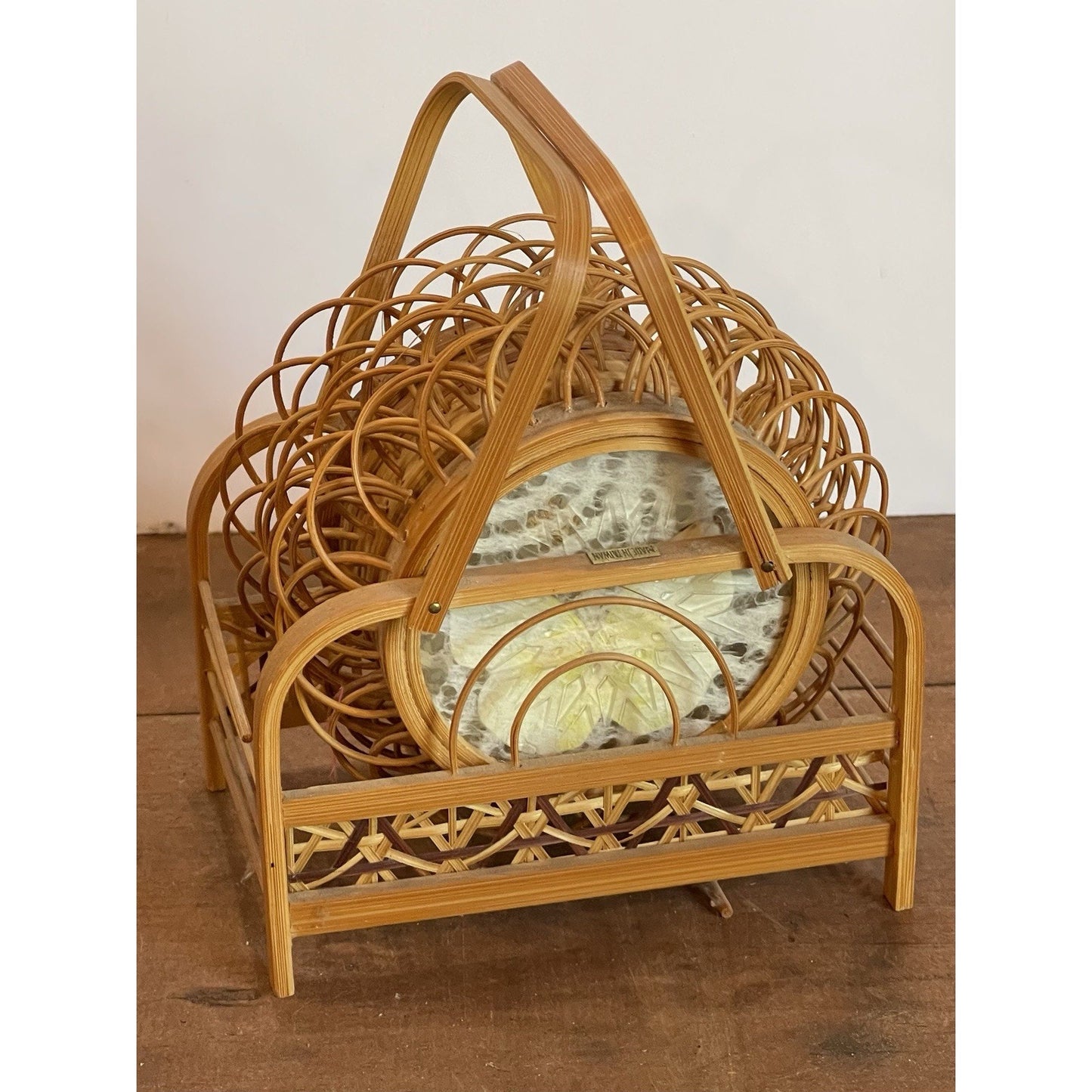 Vintage Butterfly Rattan Coasters Set Of 6 With Caddy | Wicker Rattan Holder
