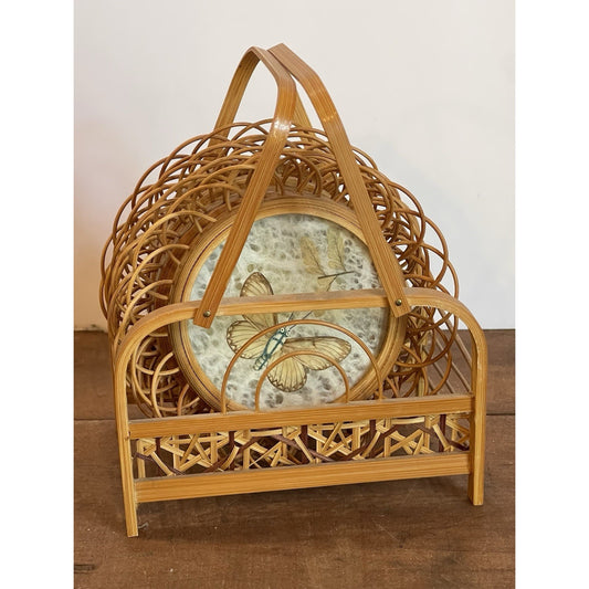 Vintage Butterfly Rattan Coasters Set Of 6 With Caddy | Wicker Rattan Holder