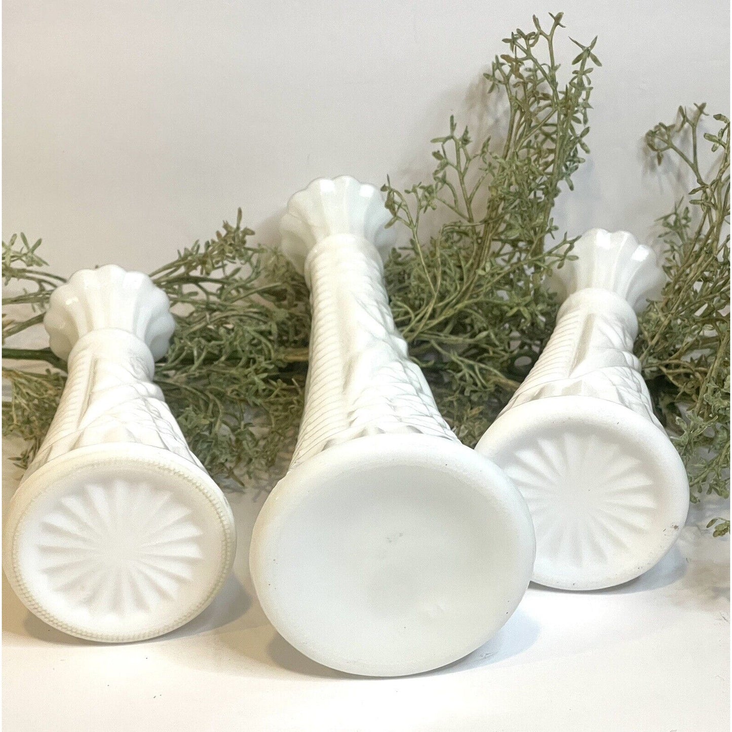 Set of Three Vintage White Milk Glass Bud Vases, ca 1960 | Anchor Hocking Glass