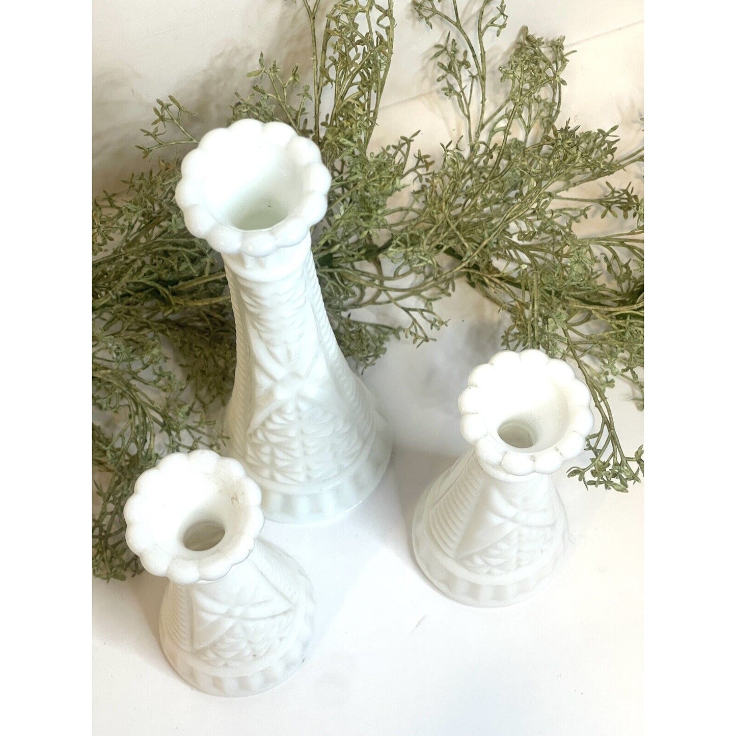Set of Three Vintage White Milk Glass Bud Vases, ca 1960 | Anchor Hocking Glass