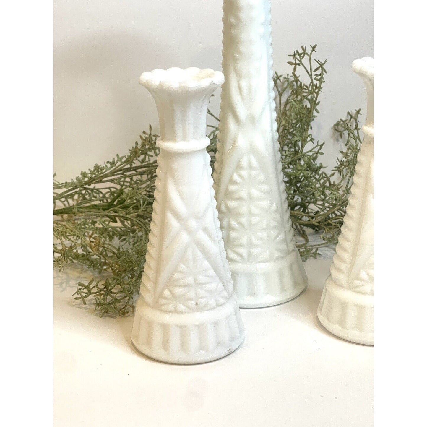 Set of Three Vintage White Milk Glass Bud Vases, ca 1960 | Anchor Hocking Glass