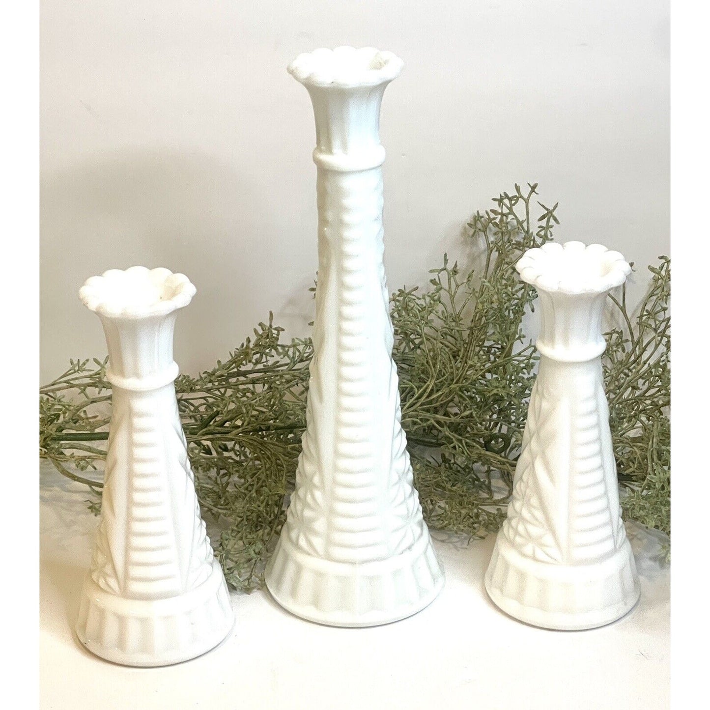 Set of Three Vintage White Milk Glass Bud Vases, ca 1960 | Anchor Hocking Glass