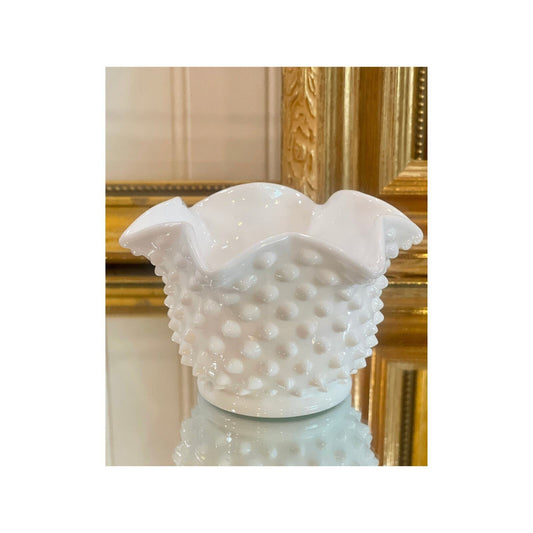 Fenton Hobnail Milk Glass Vase |Ruffled | Crimped Edges | Vintage Milk Glass