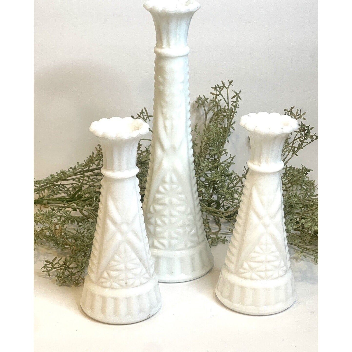 Set of Three Vintage White Milk Glass Bud Vases, ca 1960 | Anchor Hocking Glass
