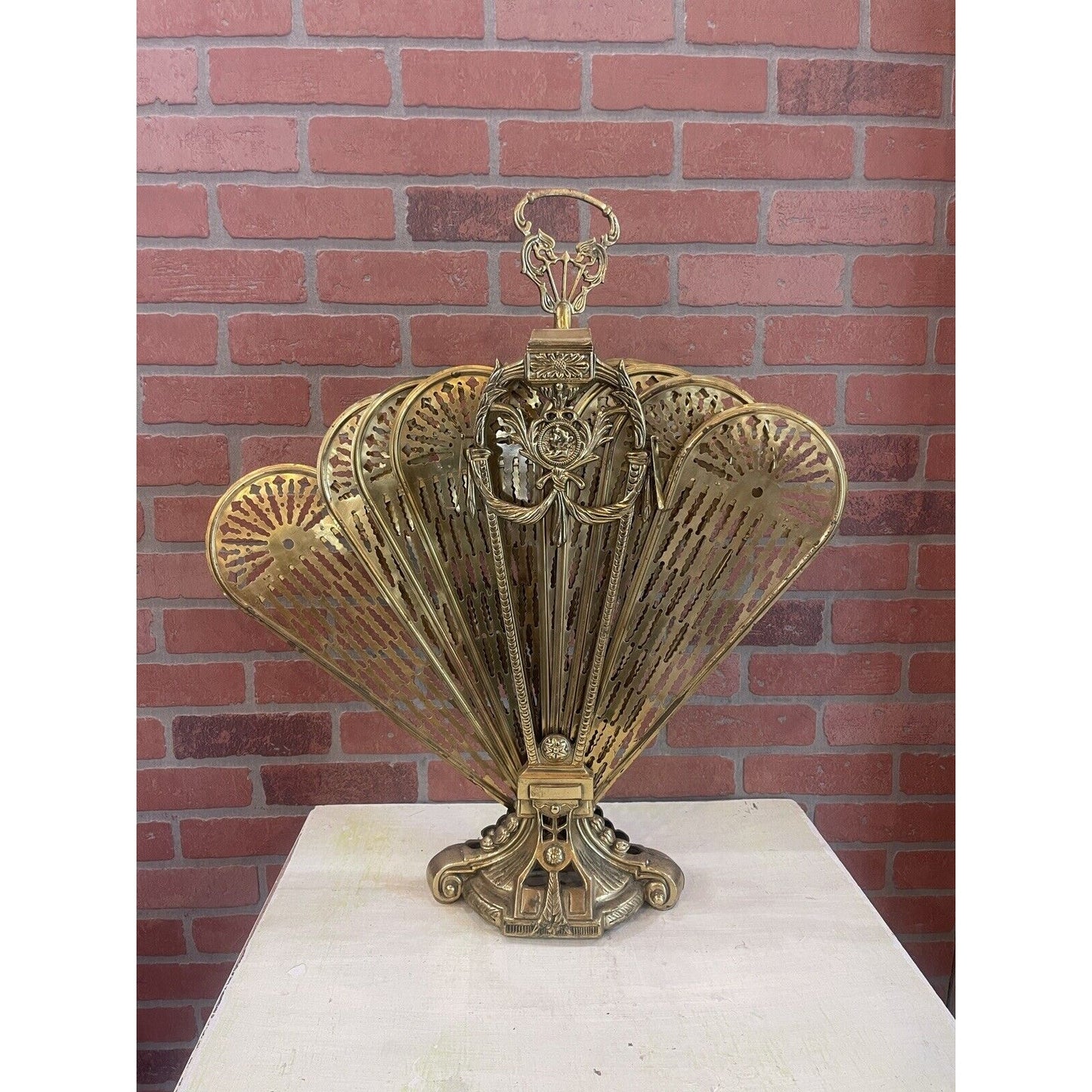 Antique Brass Art Deco / Victorian Folding " Peacock " Fan Fireplace Screen