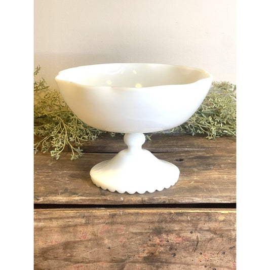 Vintage Hazel Atlas Milk Glass Pedestal Bowl Ruffeled Edge Orange Peel Scalloped
