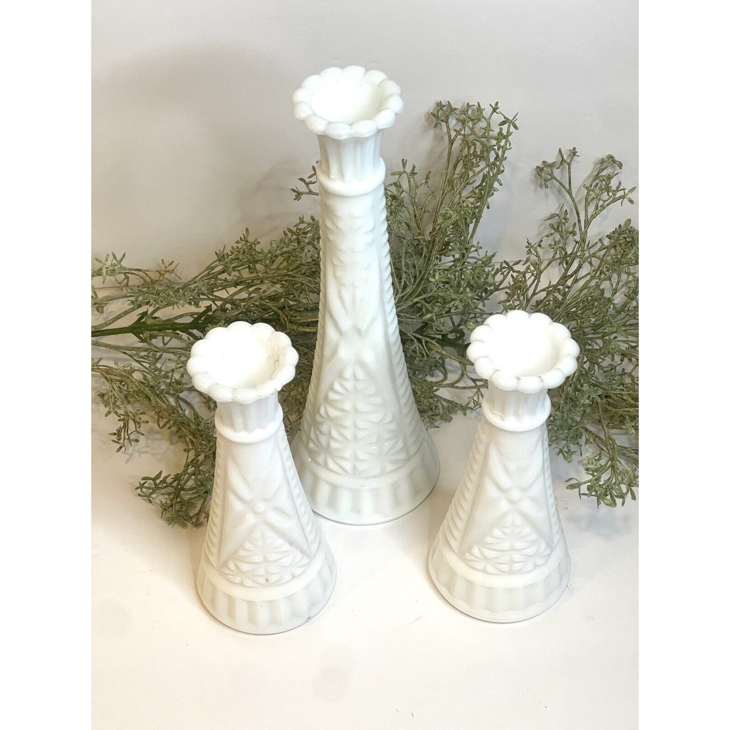 Set of Three Vintage White Milk Glass Bud Vases, ca 1960 | Anchor Hocking Glass