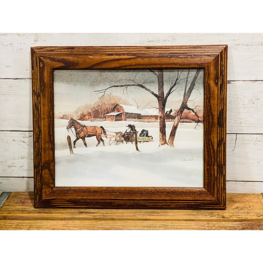 Steve Polomchak Amish Family Winter Sleigh Ride Framed Vintage Print | Wall Art
