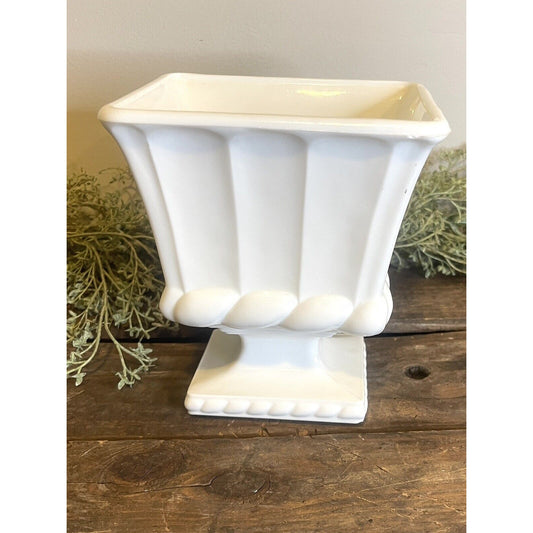 Vintage White Square Pottery Urn | White Farmhouse Milk Glass | Pedestal Bowl